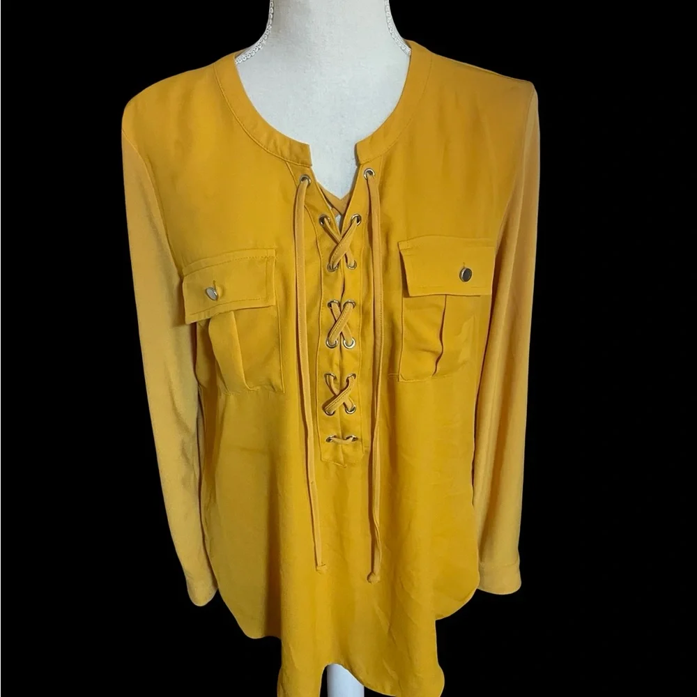Nygard lace up blouse long roll up tab sleeve MEDIUM marigold pockets spandex - Picture 6 of 16